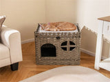 2-Tier Wicker Cat Condo with Litter Mat - Hidden Litter Box Enclosure, Detachable Washable Cushion, 98775677