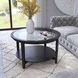 Round glass top solid wood storage coffee table, black W848120036