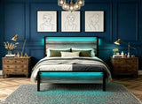 Twin Size Metal Wood Platform Bed Frame, 3-Spanel Wash Grey Wood Grain Headboard with LED Light & 55092829