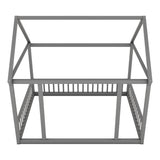 Full Size Floor Wooden Bed with House Roof Frame and Safety Guardrails ,Gray W1580P172925