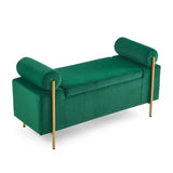 Elegant Upholstered Velvet Storage Bench with Cylindrical Arms and Iron Legs for Hallway Living Room W487128012