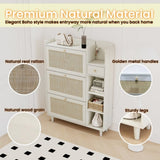 ZUN Natural Bohemia Style Shoe Cabinet, Shoe Rack Cabinet with 3 Rattan Flip Drawers,3 Square Shelves W2557P175977