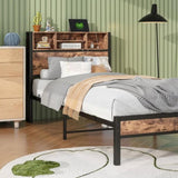 Twin Size Bed Frame with Storage Headboard, Metal Platform Bed with Charging Station, Bookcase 04195824