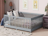 Queen Size Floor Bed with Fence,Door,Rubber Wood Floor Bed with Safety Guardrails,Grey W504P286386