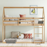 Twin over Twin Rubber Wood Floor Bunk Bed, with ladder,Guardrails,House-Shaped-Bunk Bed,White oak W504P206866