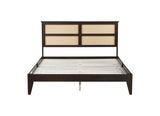 Queen Size Rubber Wooden, Solid Wooden Bed with Rattan Headboard, Enhanced by Support Feet,Espresso W504P252031