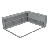 ZUN Full Floor Bed with L-shaped Bookcases, sliding doors,without slats,Grey W504P146191