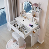 17" Round LED Mirror Vanity TableCushioned Stool, Equipped With 2 AC2 USB Power Socket, Big W3258P311343