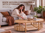 37.8" Oval Coffee Table with 2-Tier Rope Woven Storage Shelf, Melamine MDF Tabletop & Metal Frame, 09681273