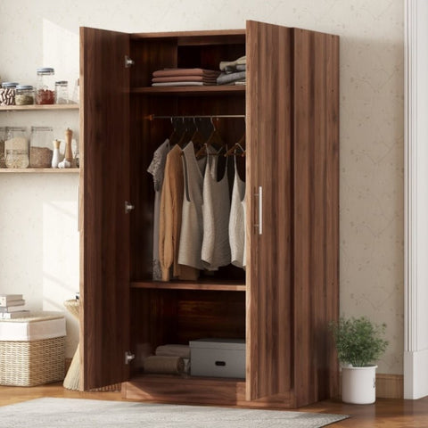 ZUN 2-Door Wooden Wardrobe Armoire with 3 Storage Shelves, Brown 07725847