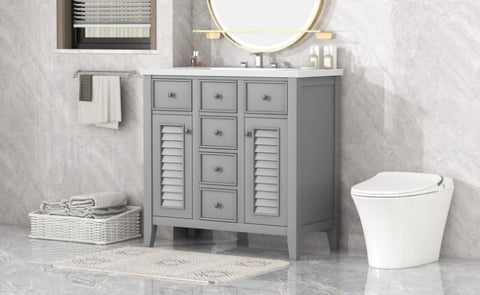 ZUN 36" Bathroom Vanity with Ceramic Basin, Two Cabinets and Five Drawers, Solid Wood Frame, Grey 60067472