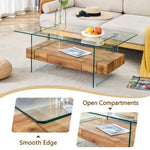 ZUN 43.3 Inch Modern Two-Tier Coffee Table - Clear Tempered Glass and Natural Wood Grain, W1151P232622