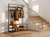 3-in-1 Industrial Hall Tree with Shoe Storage Bench, Rustic Walnut & Black 79990994