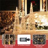 3-Piece Pre-Lit Christmas Cone Trees - 90 Warm White LEDsStar Beaded Strings, Waterproof, 04796158