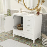 36" White Bathroom Vanity with Solid Pine Frame, 1 Soft Close Door and 3 Drawers , Modern Storage N729P211167K