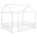 Full Size Metal Bed House Bed Frame with Fence, for Kids, Teens, Girls, Boys,White MF304787AAK