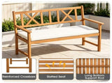 2 Person Acacia Wood Outdoor Loveseat Bench with Removable White Sponge Cushion, Heavy Duty Patio 71092308