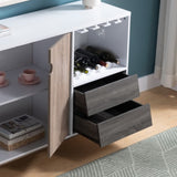 ZUN Wooden Display Rack, Cabinet with Drawer, Holds 6 Wine Glass, White & Dark Taupe & Distressed Grey B107130964