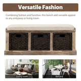 Rustic Storage Bench with 3 Removable Classic Rattan Basket , Entryway Bench with Removable Cushion 13131437