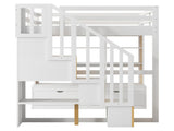 Full Size Loft Bed with Desk and Shelves, Two Built-in Drawers, Storage Staircase, White and Natural 04858801