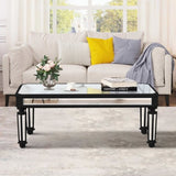Silver Mirrored Coffee Table, Black Vintage Carved Wooden, Rectangle Glass Tea Table with Mirrored 12893782