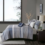 ZUN 6 Piece Reversible Jacquard Quilt Set with Throw Pillows Navy Full/Queen B03597589