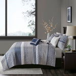 ZUN 6 Piece Reversible Jacquard Quilt Set with Throw Pillows Navy King/Cal King B03597590