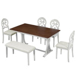 ZUN Mid-Century 6-Piece Trestle Table Set with Victorian Round Upholstered Dining Chairs and Long Bench, 91720761