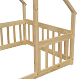 Twin Wood House-Shaped Floor Bed with Fence, Guardrails ,Natural W504P143291