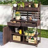 Brown Fir Wood Potting Bench - 5-Drawer Garden Workstation with Slatted Back Panel & Storage Cabinet N769P282380B