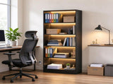 Black Wood Grain 5-Tier Bookshelf with LED Lights, Bookcase with Cable Holes for Living Room & Study 41609968