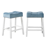 ZUN Morovo Set of 2 Velvet Counter Height Stools with Tufted Saddle Seats, White-Wash Finish, Blue T2574P164821