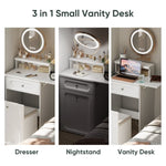 ZUN White Makeup Vanity Desk with Round Mirror and Lights, 2 in 1 Nightstand, Dressing Table with a W1706P236679