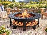 37in Round Double-Layer Wood- Pit with Mesh Grate, Black, with Attached Table Top 03927709