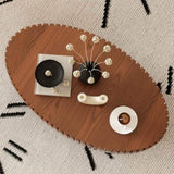 Oval Coffee Table Handcrafted Relief Sturdy Pedestal Wooden Olive-Shaped Tea Table for Living Room W3081P255090