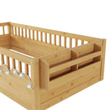 Twin Montessori Floor Bed Frame with High Rails, Wood Kids Floor Beds with Light and Storage Shelf, W2593P333571