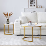 ZUN Set 2 Coffee Table Nesting White and gray top Golden Frame Circular Round and Marble Pattern Wooden 28285100