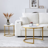 ZUN Set 2 Coffee Table Nesting White and gray top Golden Frame Circular Round and Marble Pattern Wooden 28285100