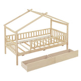 Twin Size Wooden House Bed with Two Drawers, Natural WF302181AAN