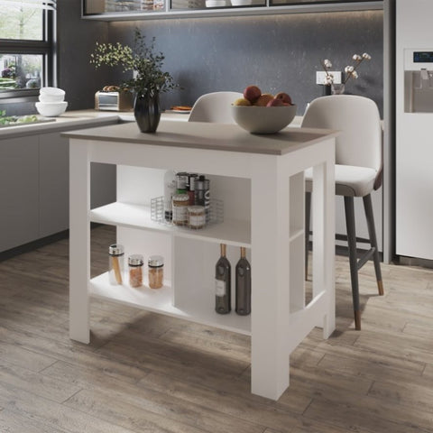 ZUN Aztec Kitchen Island in Melamine with Open Storage, Taupe/white B128P237144