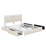 ZUN Queen Bed Frame with LED Headboard, Upholstered Bed with 4 Storage Drawers and USB Ports, Beige W1580P166720