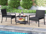 3-Piece Patio PE Wicker Bistro Set, Tempered Glass 2-Tier Side Table Outdoor Chair Set-Black 48421779