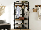 Corner Hall Tree with Shoe Bench Entryway Coat Rack with 10 Metal Movable Hooks Floor Standing 74199774