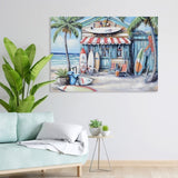 Blue Beach House Surfboard Coconut Tree Ocean Wall Art - Coastal Tropical Landscape Mural Print W3374P322225