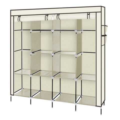 ZUN 67" Clothes Closet Portable Wardrobe Clothes Storage Rack 12 Shelves 4 Side Pockets Beige 19252473