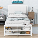 Twin size Metal Platform Bed with Two-Tier Storage Shelves, Wooden Storage Cabinet, White N737P199330K