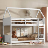 Twin Over Twin House Floor Bed with Headboards, Footboards and Guardrails, Ladder, Rubber Wood W504P227972