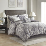 7 Piece Cotton Printed Comforter Set Grey Queen B03597027