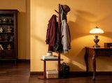 Freestanding Wooden Coat Rack with 8 Staggered Hooks & 2 Storage Shelves, Rubber Wood Hall Tree 96110880