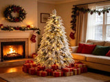 7 FT PreLit Flocked Artificial Christmas Tree, PreStrung LED Lights with White Plastic Ornament N769P523100W